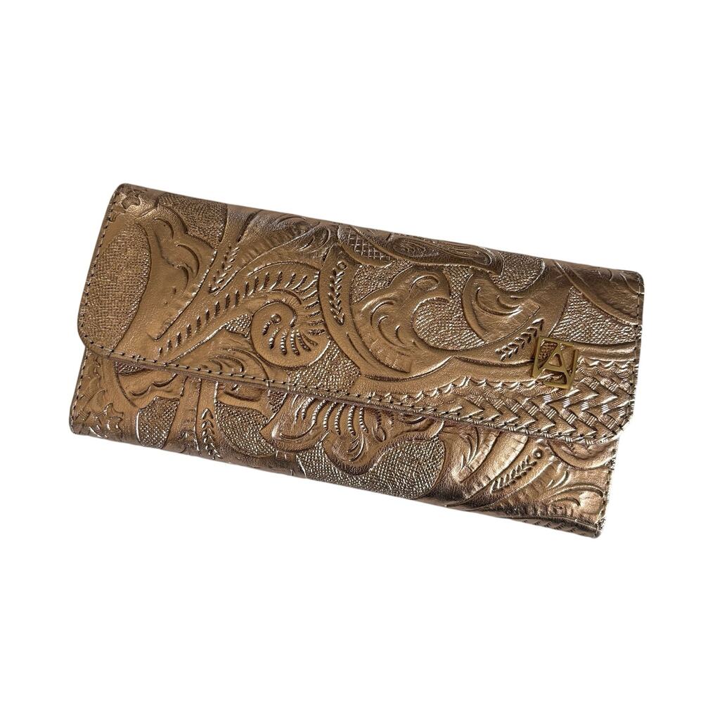 Angelozano Rose Gold Hand Chiseled Leather Wallet Embroidered Mexican Artisans
